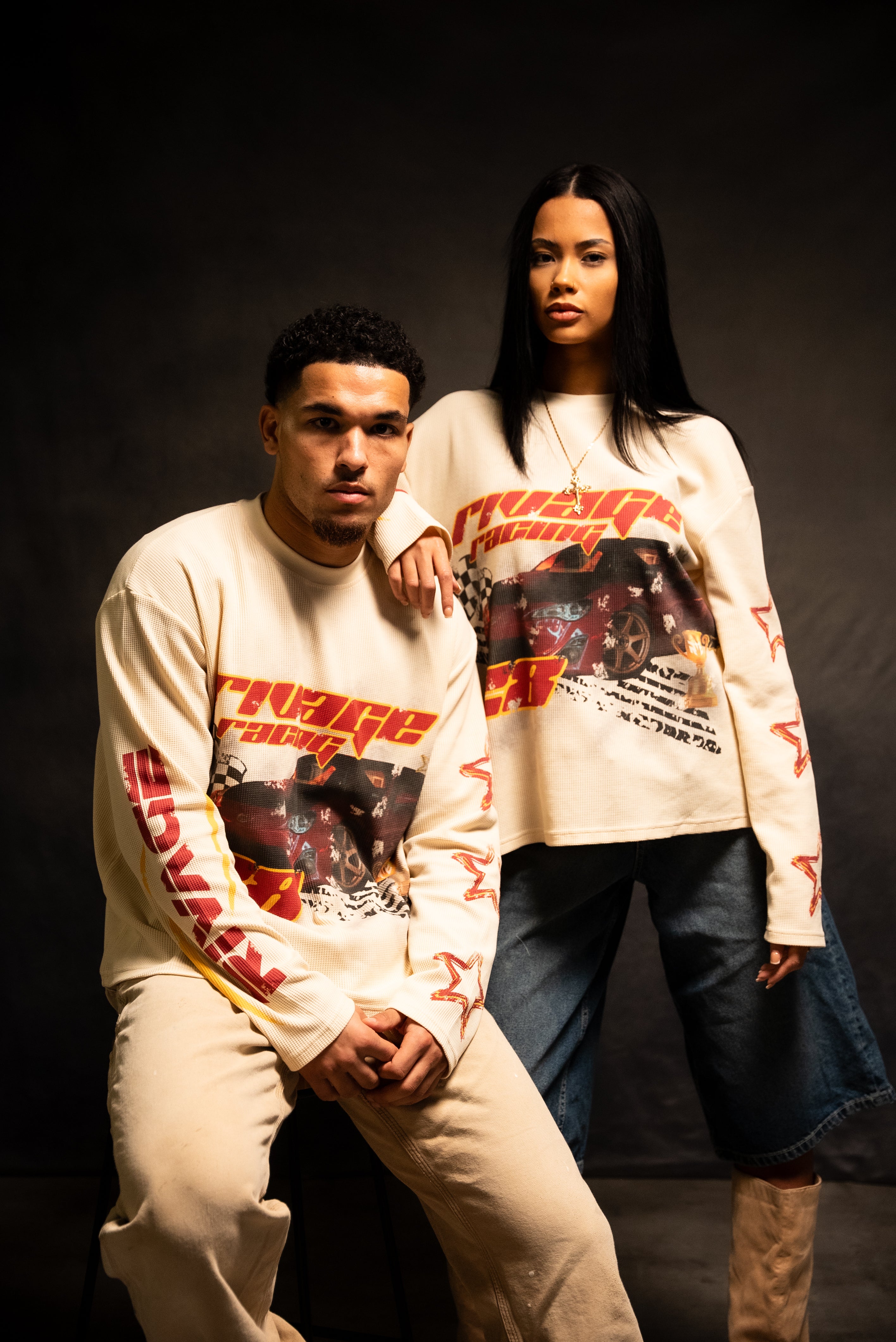 RACER WAFFLE LONG SLEEVE T-SHIRT - CREAM